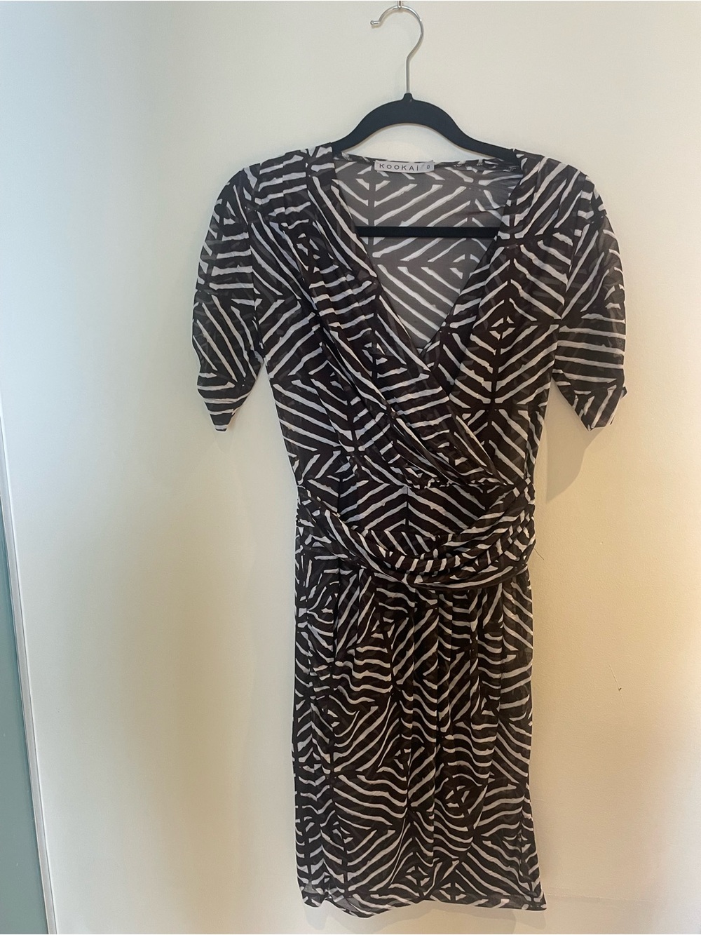 Kookai Black & White Geometric Wrap Midi Dress